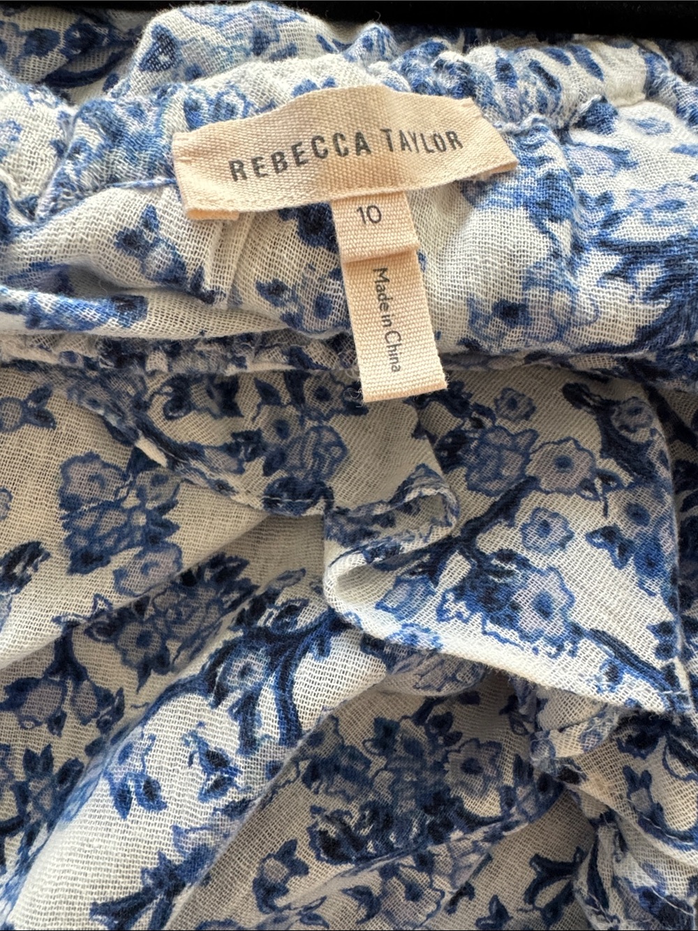 Rebecca Taylor Blue and White Floral Ruffle Off-Shoulder Blouse - Size 10 - Picture 5 of 5